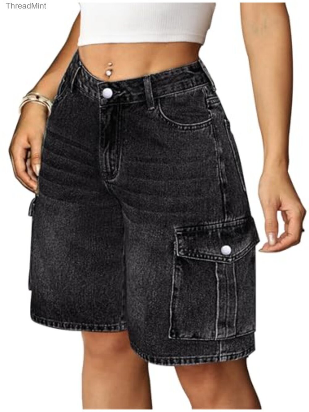Y2K Baggy Bermuda Cargo Jorts for Women 6 Pockets Stretchy Denim Knee Length